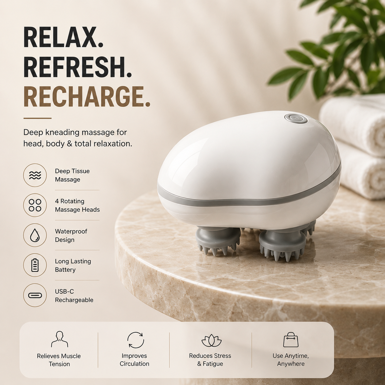 Electric Scalp Massager – Portable USB Rechargeable with 4 Heads