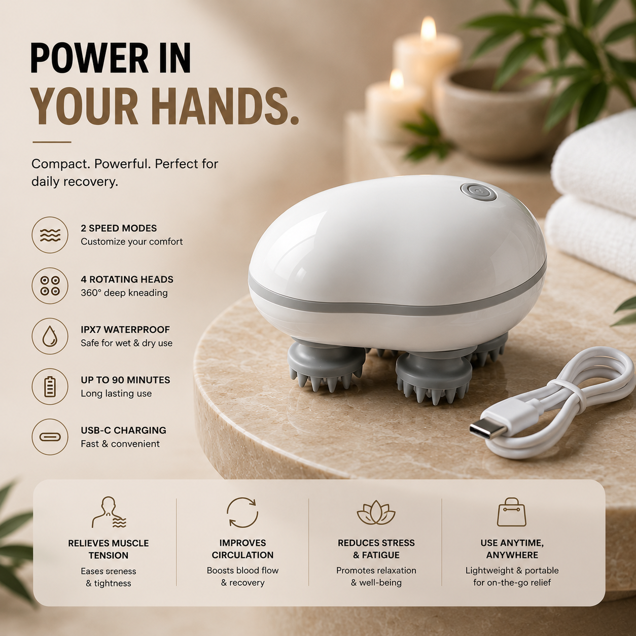 Electric Scalp Massager – Portable USB Rechargeable with 4 Heads